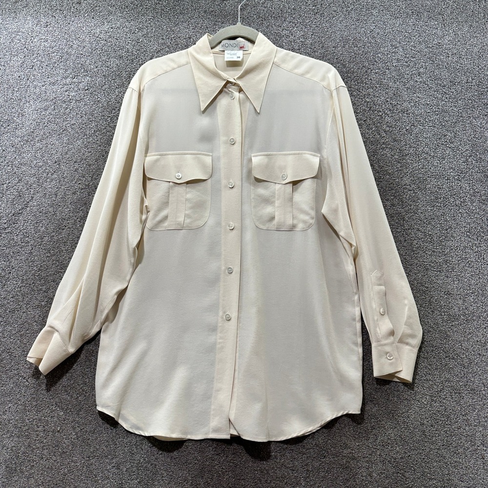 Mondi Vintage 100% Silk Button Down Blouse Cream Ivory Utility Pocket Size 36